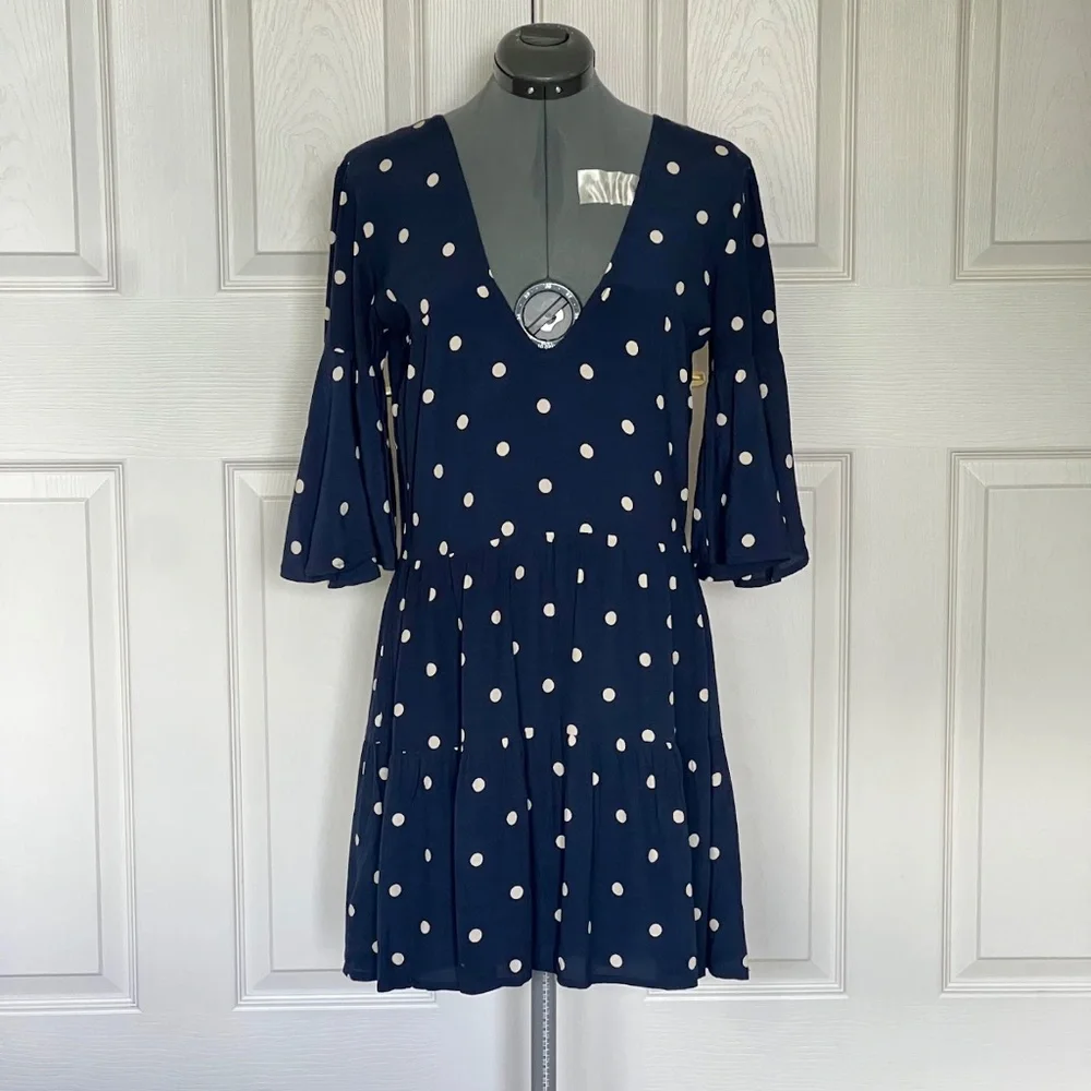 Faithfull the Brand Navy Blue Vintage Fresa White Polka Dot Dress Size 4 - Picture 4 of 12